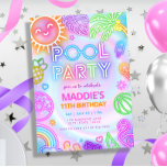 Neon Glow Pool Party Anniversaire Invitation<br><div class="desc">Plongez dans l'expérience ultime de la fête avec notre Pool Party Birthday Invitation! Ce design capte toute l'excitation d'une fête de piscine, avec une gamme de néons graphiques d'été, dont un soleil brillant, un palmier, un flotteur de piscine, du flamingo, des glaces, et plus encore. Entourée d'accents de coeur et...</div>