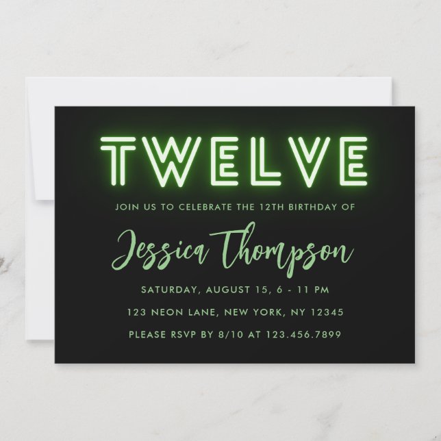 Neon Green 12e anniversaire Invitation (Devant)