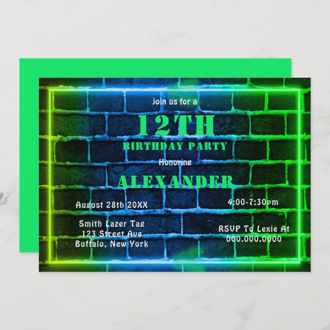 Neon Green Bleu brique 12e anniversaire Invitation (Devant / Derrière)