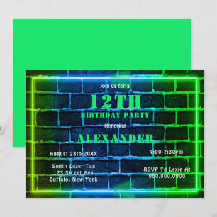 Neon Green Bleu brique 12e anniversaire Invitation