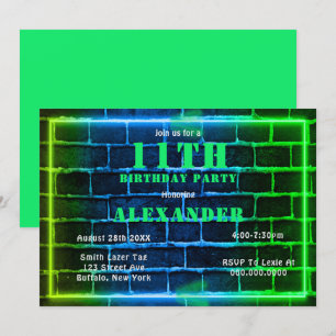 Neon Green Blue Brick Invitation de fête du 11e an