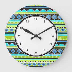 Neon Green et bleu motif tribal numéro horloge