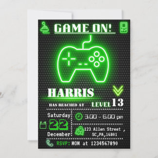 Neon Green Gamer Invitation de fête d'anniversaire