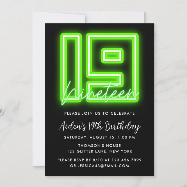 Neon Green Invitation du 19e anniversaire (Devant)