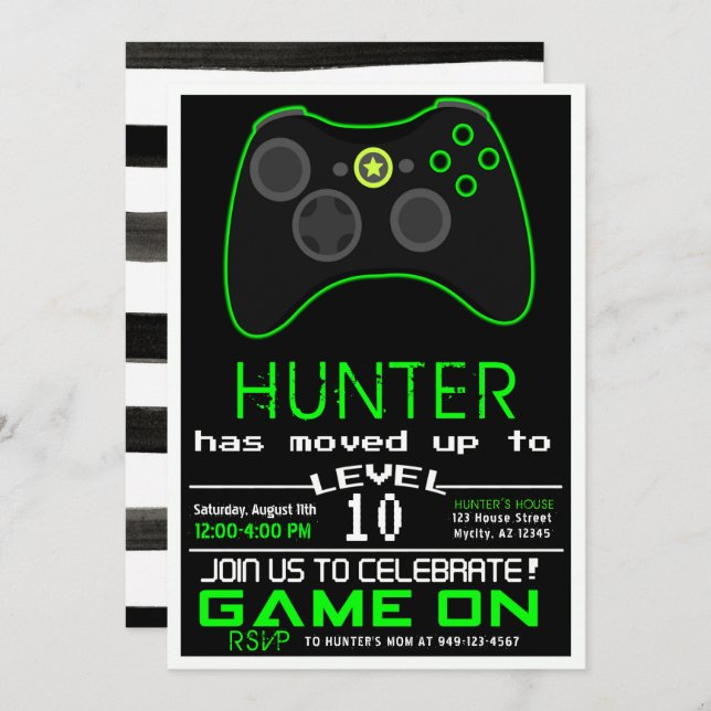 Neon Green Jeu Vidéo pour enfants Invitation Anniv (Devant / Derrière)