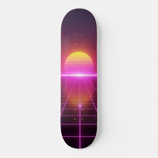 Néon Grille Coucher de soleil Synthwave Skateboard (Recto)