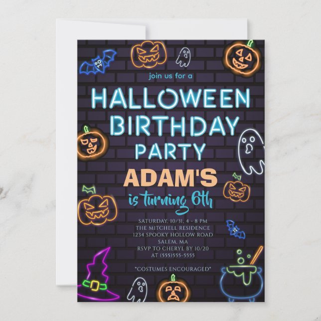 Neon Halloween Birthday Party  Invitation (Devant)