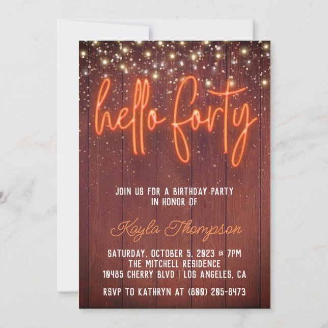 Neon Hello Quarty Wooden Birthday Invitation (Dos)