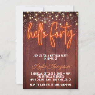Neon Hello Quarty Wooden Birthday Invitation