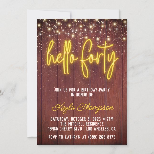 Neon Hello Quarty Wooden Birthday Invitation (Dos)