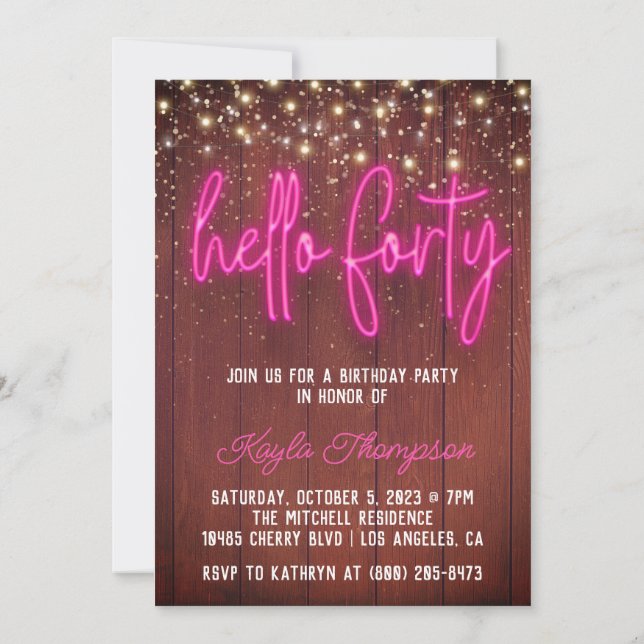 Neon Hello Quarty Wooden Birthday Invitation (Dos)