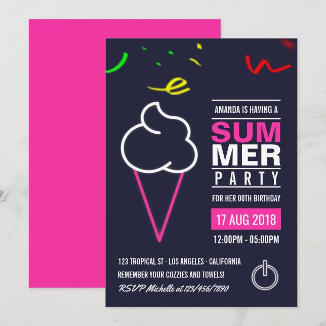 Neon Ice Cream Été Anniversaire Fête Invitation (Devant / Derrière)