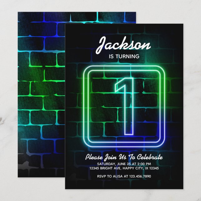 Neon Invitation anniversaire Boy 1er anniversaire (Devant / Derrière)