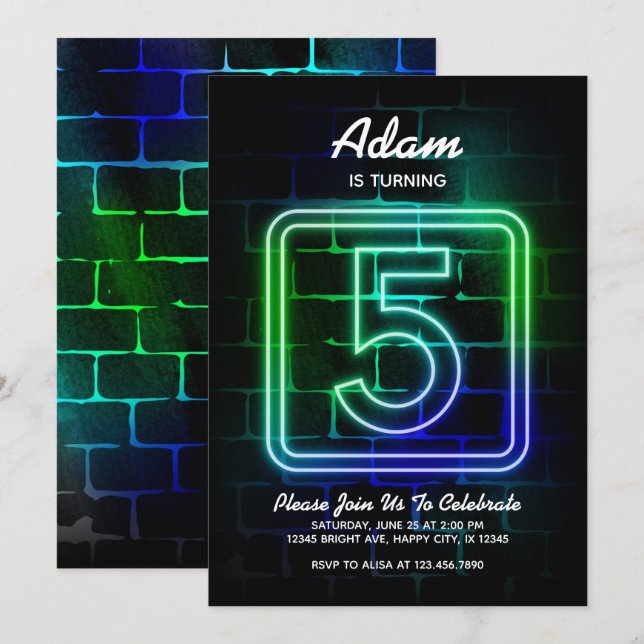 Neon invitation anniversaire Boy 5e anniversaire (Devant / Derrière)