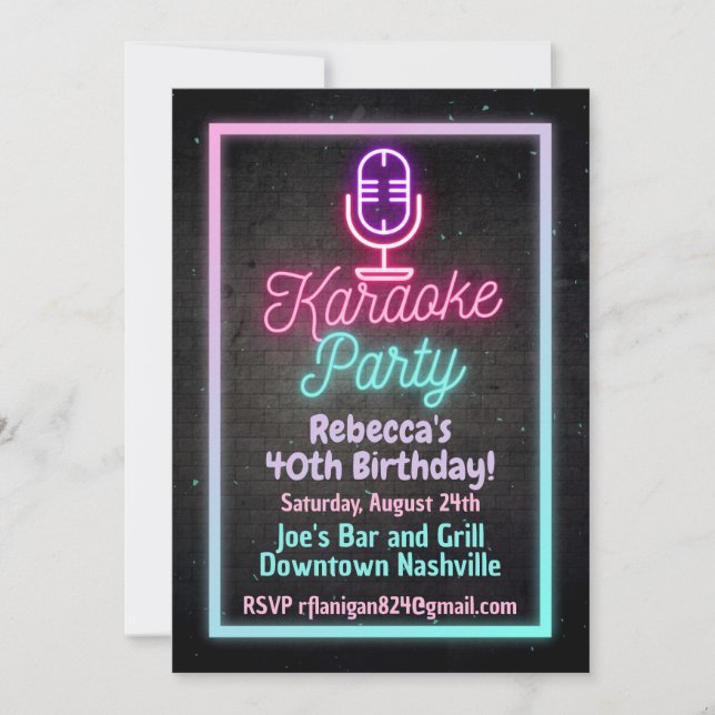 Neon Karaoke Singing Birthday Party Invitation  (Devant)