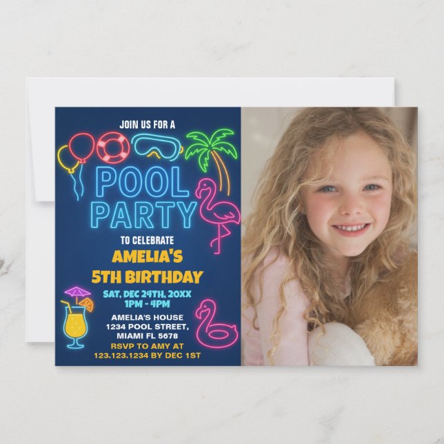Neon Lights Pool Anniversaire Invitation avec phot (Devant)