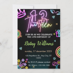 Neon Lumière 13e anniversaire Invitation