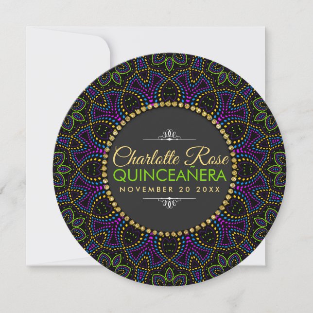 Neon Mandala Super Quinceañera Round Invitation (Devant)