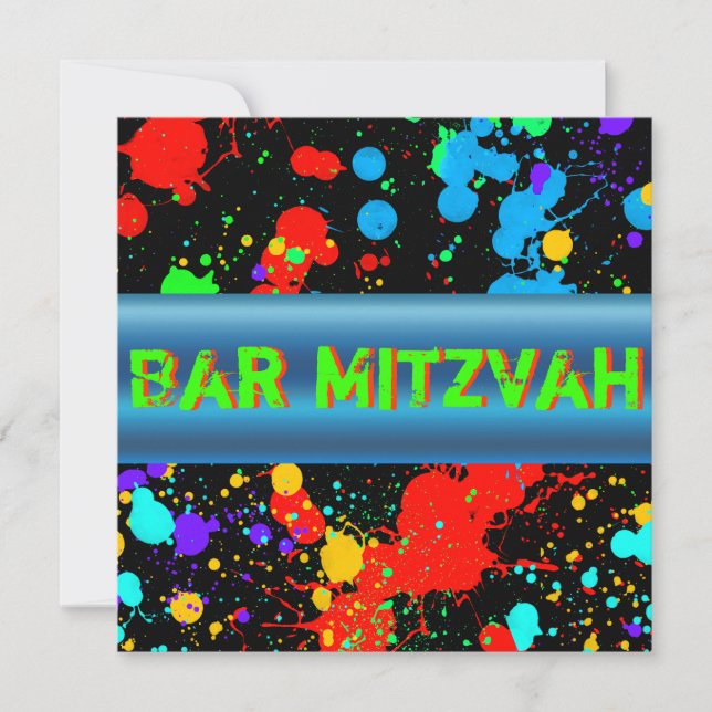 Neon Paint Splatter, Bar Mitzvah Invitation (Devant)