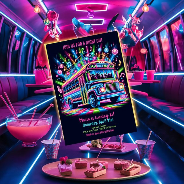 Neon Party Bus 21st Birthday Invitation (Créateur téléchargé)