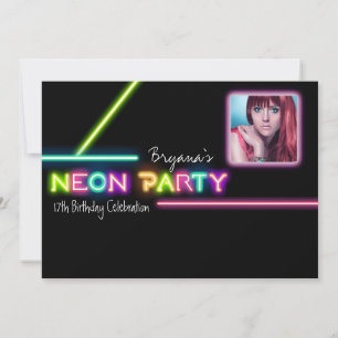 NEON PARTY Glow Photo Anniversaire Fête Invitation