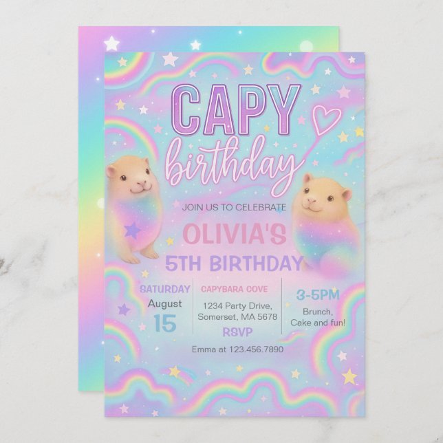 Neon Pastel Capybara Invitation de fête d'annivers (Devant / Derrière)