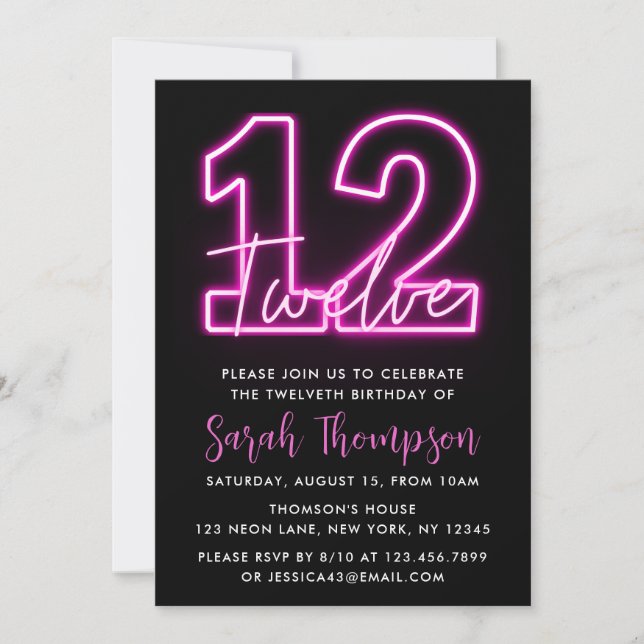 Neon Pink 12e anniversaire Invitation (Devant)