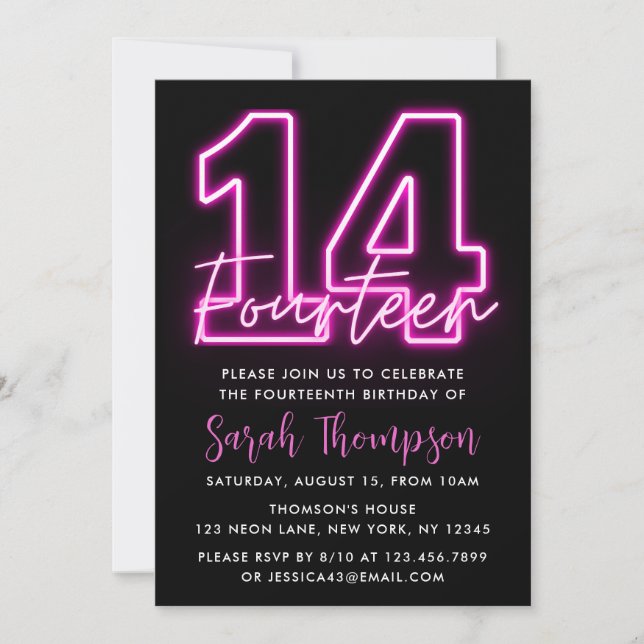 Neon Pink 14e anniversaire Invitation (Devant)