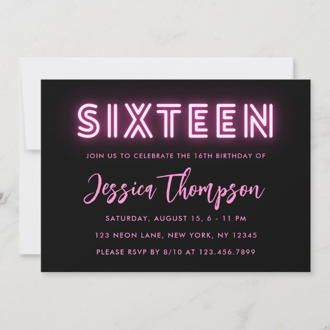 Neon Pink 16e anniversaire Invitation (Devant)