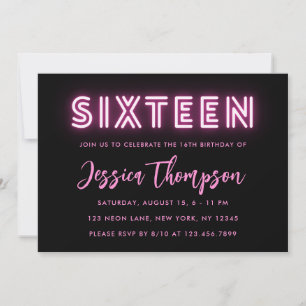 Neon Pink 16e anniversaire Invitation