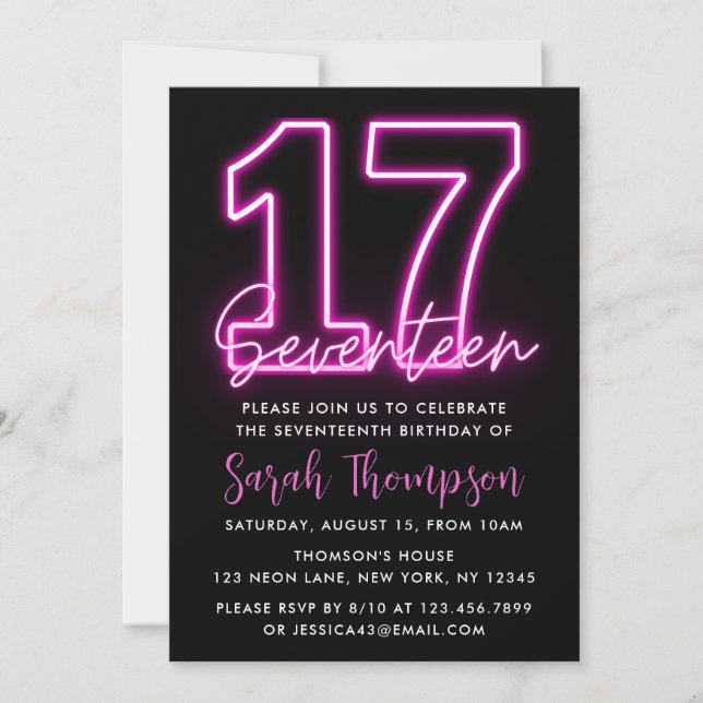 Neon Pink 17e anniversaire Invitation (Devant)