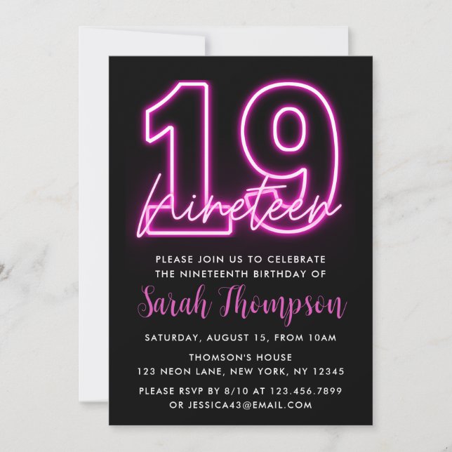 Neon Pink 19e anniversaire Invitation (Devant)