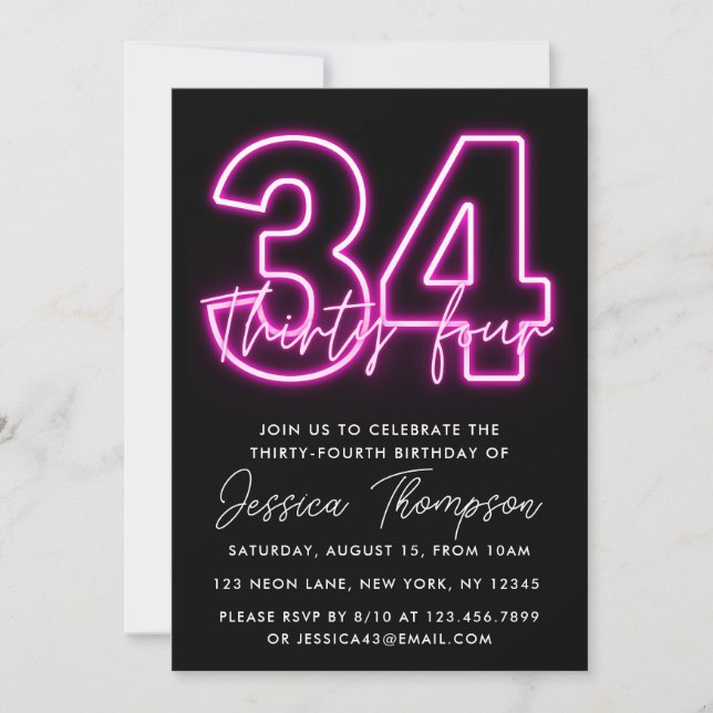 Neon Pink 34th Birthday Invitation (Devant)