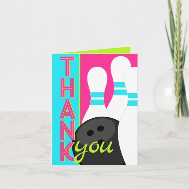 Neon Pink, Green & Blue Bowling Merci Cartes (Devant)