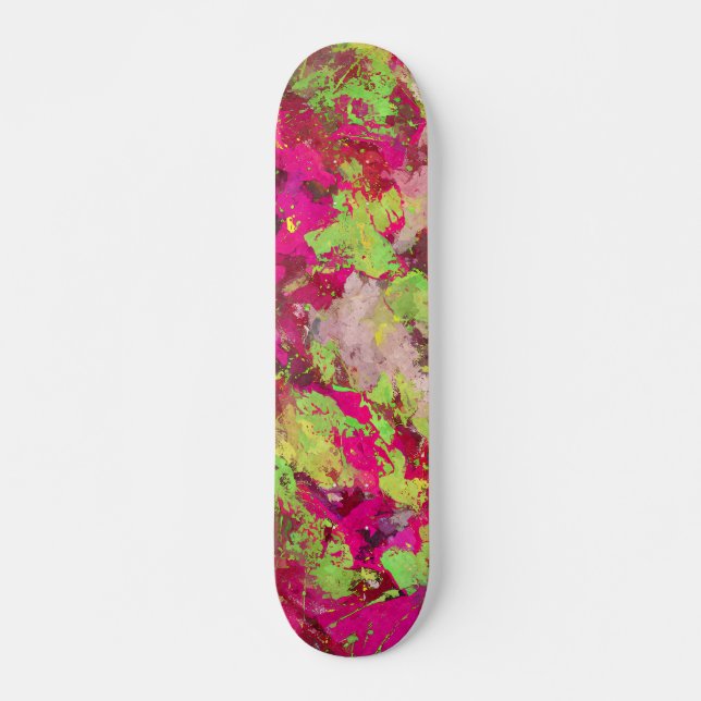 Neon Pink Green Grunge Splatter Skateboard (Devant)