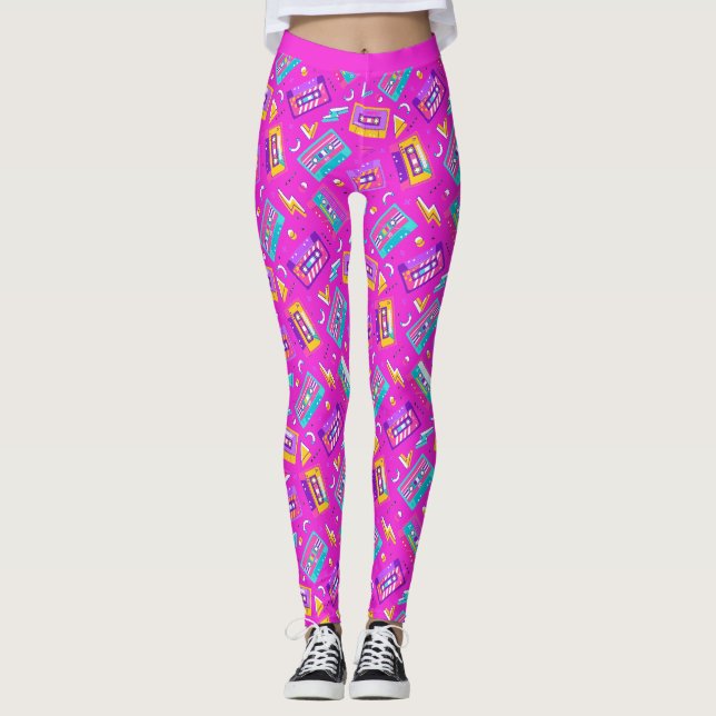 Neon Pink tendance 80's Cassette Music Leggings (Devant)