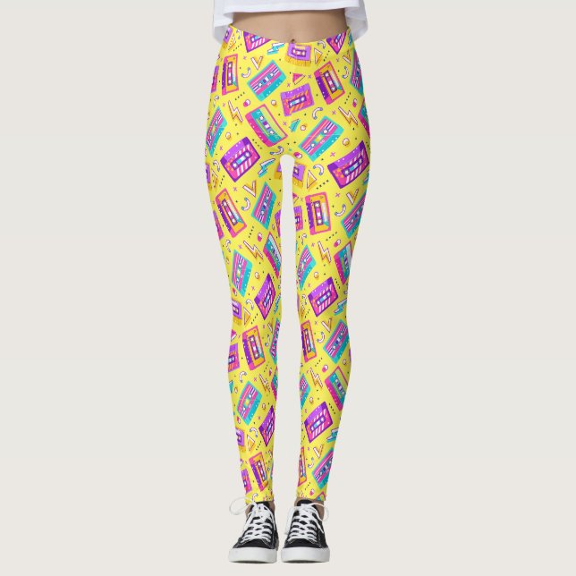 Neon Pink tendance 80's Cassette Music Leggings (Devant)