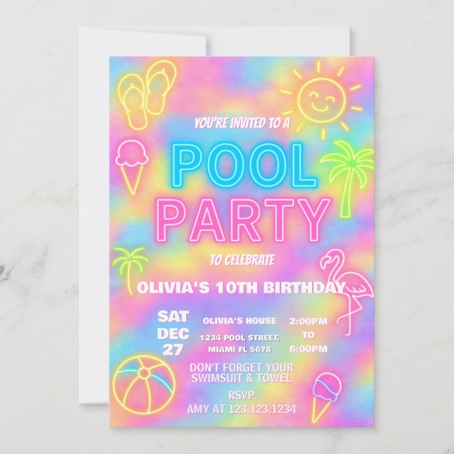 Neon Pool Anniversaire Fête Invitation (Devant)
