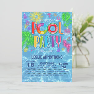 Neon Pool Party Anniversaire Invitation