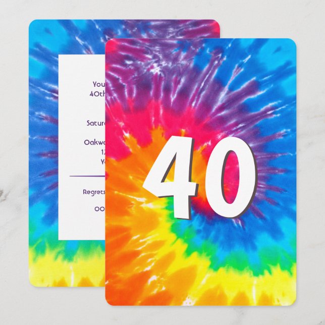 Neon Rainbow Tie Dye 40e anniversaire Invitation (Devant / Derrière)