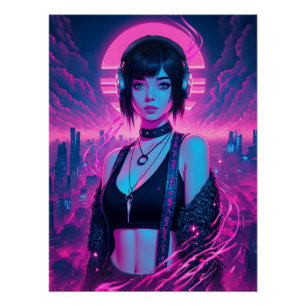 Neon Retro Cyber Punk Rock Girl Poster