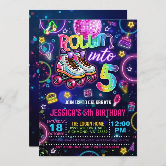 Neon Roller Skate 5e Invitation anniversaire (Devant / Derrière)
