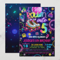Neon Roller Skate 5e Invitation anniversaire