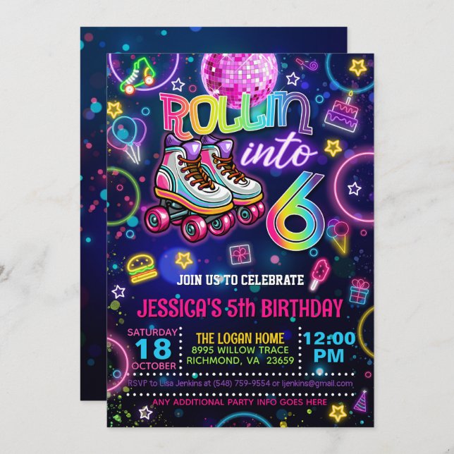 Neon Roller Skate 6e Invitation anniversaire (Devant / Derrière)