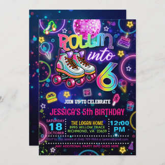 Neon Roller Skate 6e Invitation anniversaire