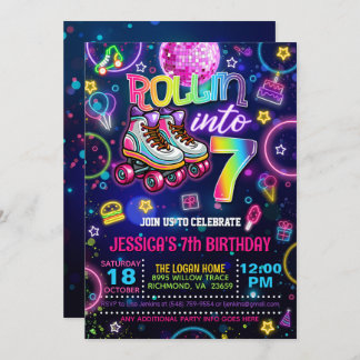 Neon Roller Skate 7e Invitation anniversaire