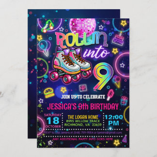 Neon Roller Skate 9e Invitation anniversaire
