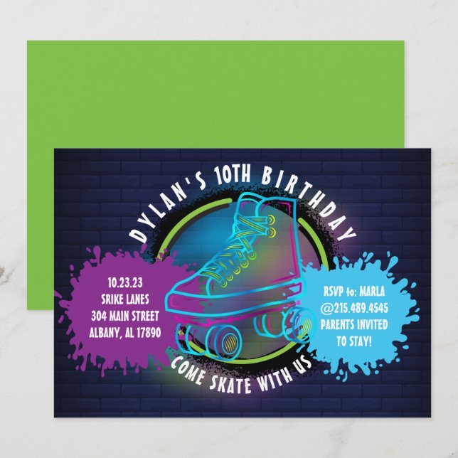 NEON ROLLER SKATING GLOW NEON GREEN Birthday Party (Devant / Derrière)