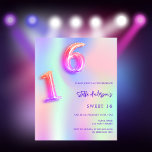 Neon rose holographique Sweet 16 invitation budgét<br><div class="desc">Une invitation à 16 soirées pour filles et femmes Sweet. Un arc-en-ciel, arrière - plan de couleur holographique en violet, rose, vert menthe, or rose. Personnalisez et ajoutez un nom et des détails du parti. Le nom est écrit avec un script de style écrit à la main, des lettres de...</div>