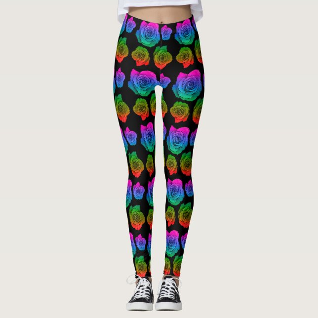 Neon rose motif leggings noirs (Devant)